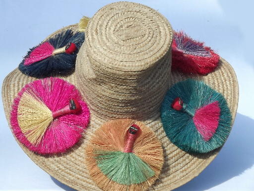 Retro vintage straw beach bum hat, wide brimmed hat w/ worry doll flowers