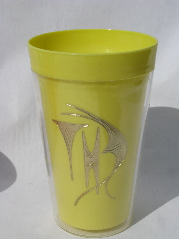 Retro vintage thermoware type insulated plastic picnic tumblers, tropical colors