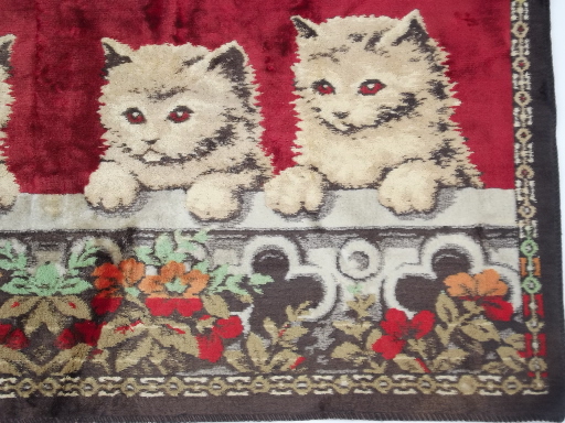 Retro vintage wall hanging tapestry rug, plush velvet kittens carpet fabric