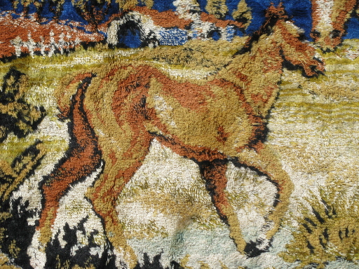 Retro vintage wall hanging tapestry rugs, horses and kittens velvet plush carpet fabric