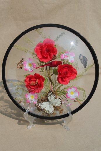 Retro wall art, butterflies & light up flowers in convex bubble glass frame display case