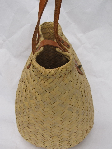 Retro woven straw tote, market basket or beach bag w/ leather handles