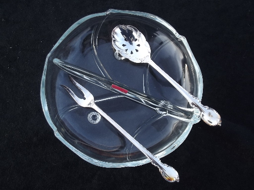 Rogers Reflection silver plate olive spoon & pickle fork Viking glass dish