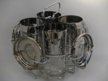 Roman God Mercury silver glass coasters, shield glasses, mod drinks rack