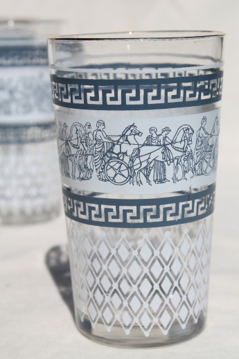 Roman Patrician greek key pattern glasses, blue & white print Jeannette glass tumblers