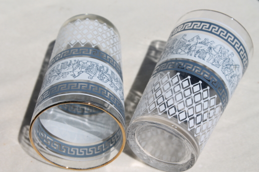 Roman Patrician greek key pattern glasses, blue & white print Jeannette glass tumblers