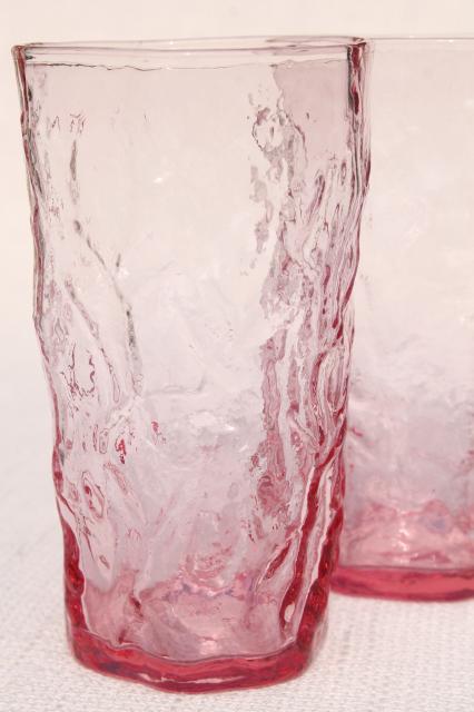 rose pink crinkle glass tumblers, mod vintage Seneca driftwood drinking glasses set of 6