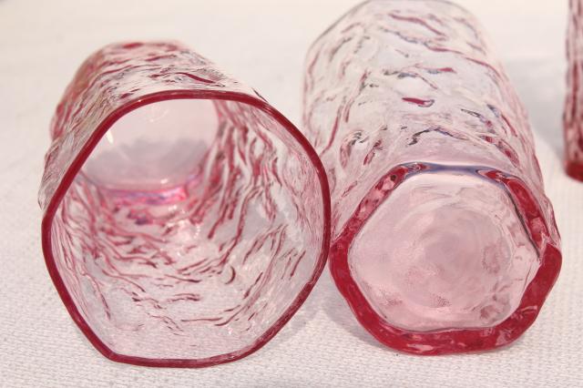 rose pink crinkle glass tumblers, mod vintage Seneca driftwood drinking glasses set of 6