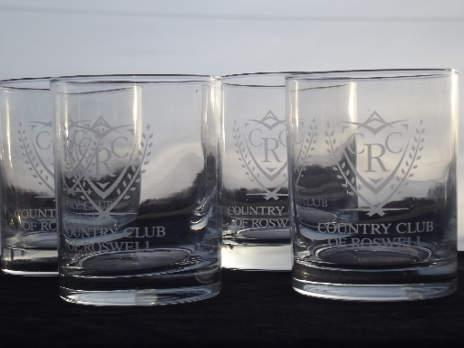 Roswell Country Club rocks glasses set, retro etched glass tumblers