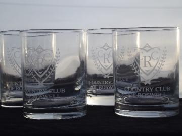 Roswell Country Club rocks glasses set, retro etched glass tumblers