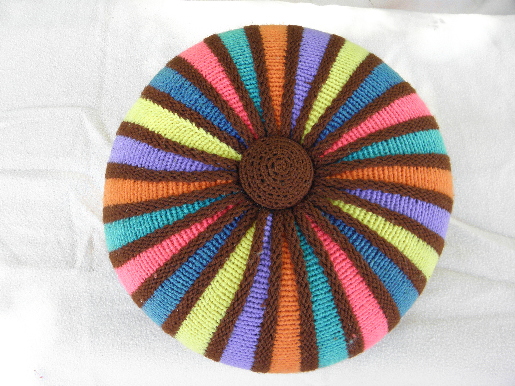 Round color wheel throw pillow, funky 50s 60s vintage hand knitted wool
