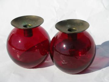 Ruby red glass ball candlesticks, mid-century modern vintage