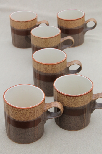 Rustic brown stoneware mugs, 70s 80s vintage Stonecrest Blissfield coffee cups