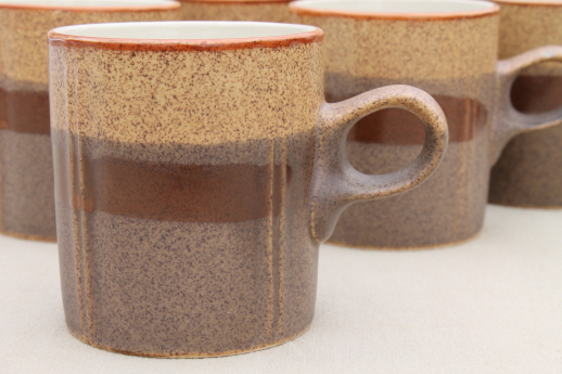 Rustic brown stoneware mugs, 70s 80s vintage Stonecrest Blissfield coffee cups