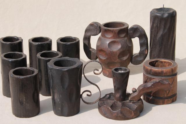 rustic vintage carved wood tavern cups & candle holders made in Spain, Don Quixote style!