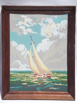 Sailboat on lake or ocean paint-by-number, retro vintage beach wall art