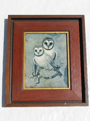 Set 70s vintage owls pictures, retro hippie wall art