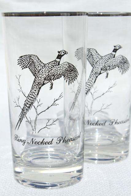 set 8 vintage drinking glasses, game birds pattern tumblers w/ platinum silver band trim