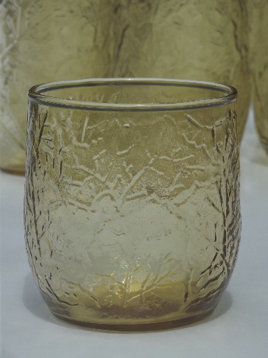 Set for 6 amber gold leaf glasses, vintage Anchor Hocking, forest pattern