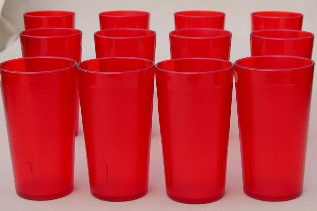 set of 12 retro red plastic restaurant drinking glasses, unbreakable tumblers