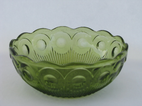 Set of 6 Manhattan pattern coinspot glass bowls, retro vintage green color