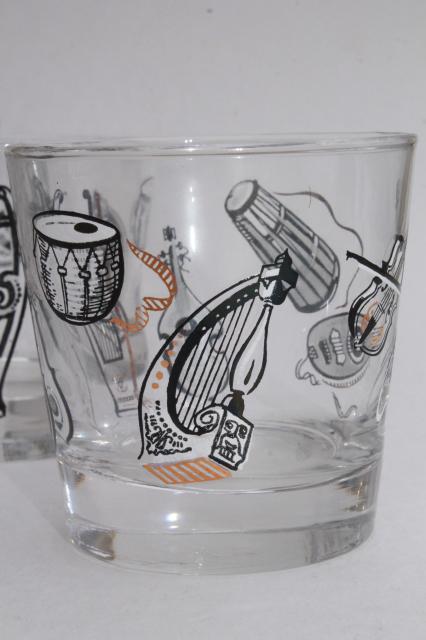 set of 8 glass lowballs w/ musical instruments print, vintage old fashioned low ball glasses