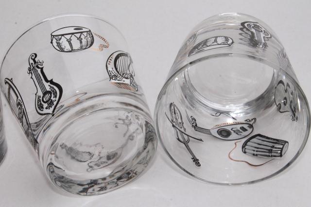 set of 8 glass lowballs w/ musical instruments print, vintage old fashioned low ball glasses