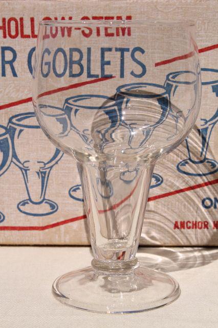 set of 8 hollow stem stout / beer glasses, bottle size goblets vintage Anchor Hocking