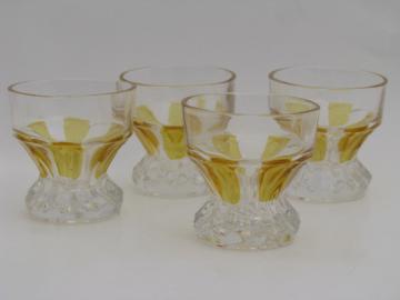 Set of old pressed glass cordial glasses, yellow flash color stain