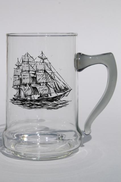 set of vintage glass ship steins, beer mugs w/ tall ships line drawings