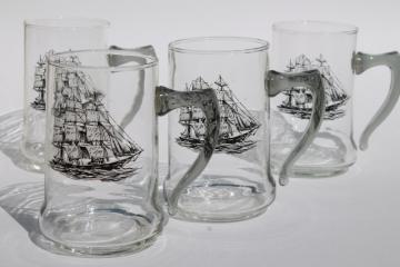 set of vintage glass ship steins, beer mugs w/ tall ships line drawings