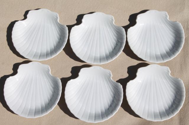 set pure white porcelain scallop sea shell dishes, vintage Japan Lord & Taylor labels