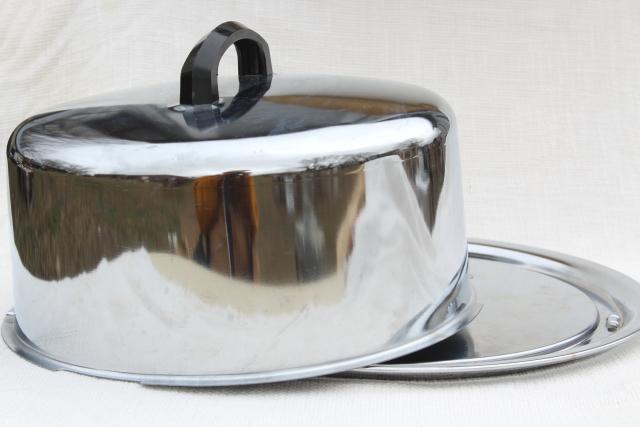 shiny metal cake carrier, cover and plate, 50s vintage stainless steel Everedy Kake Saver