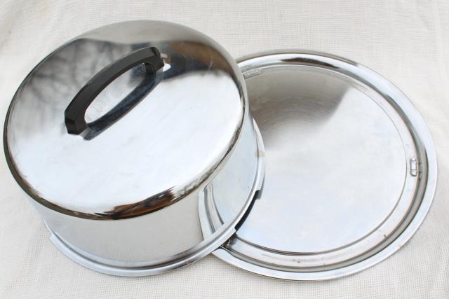 shiny metal cake carrier, cover and plate, 50s vintage stainless steel Everedy Kake Saver