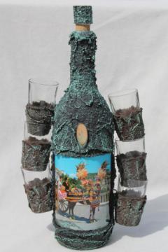 Sicilian liqueur set, rustic shot glasses & liquor bottle w/ donkey cart