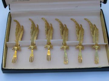 Signed 24 kt gold plated cocktail forks, Tancraft Janis box
