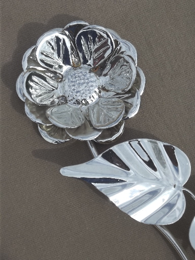 Silver chrome flower wall art, vintage metal sculpture full blown rose