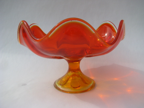 Simplicity pattern vintage swung shape blown glass pedestal dish, retro orange