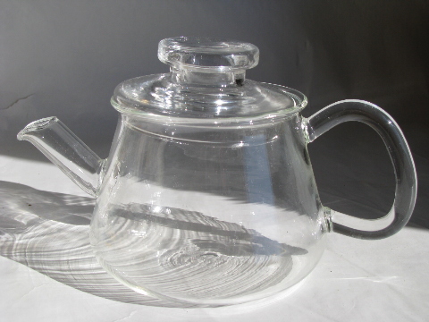 Small glass teapot tea set for one, retro mod clear glass pot & mug