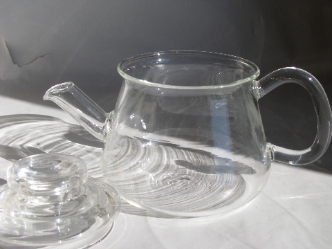 Small glass teapot tea set for one, retro mod clear glass pot & mug
