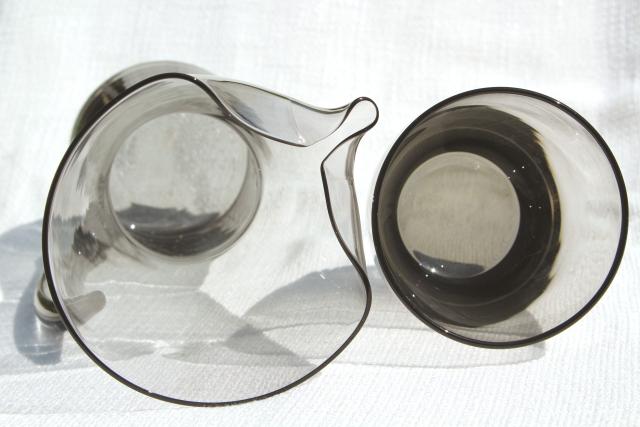 smoke grey bar glasses & pitcher w/ mod hourglass shape, vintage cocktail set