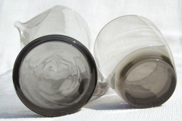 smoke grey bar glasses & pitcher w/ mod hourglass shape, vintage cocktail set