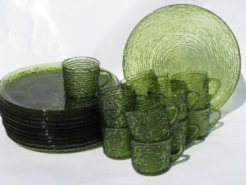 Soreno retro vintage pattern glass snack sets, cups & round plates, verde avocado green