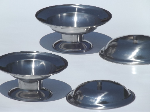 Space age stainless steel dishes, mid-century mod vintage serving bowls