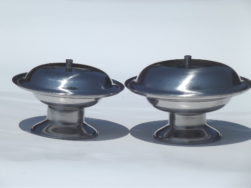 Space age stainless steel dishes, mid-century mod vintage serving bowls