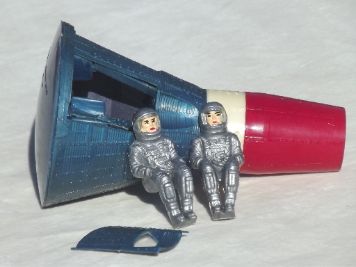 Space age vintage plastic astronauts toy cake toppers in Gemini capsule