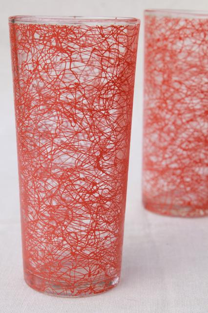 spaghetti squiggle drizzle glass coolers, tall tumbler drinking glasses, mid-mod vintage 