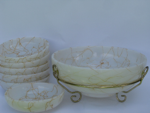 Spaghetti string retro vintage gold & white glass salad bowls set