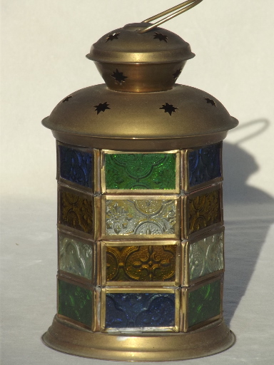 Stained glass brass lantern, gypsy style candle lantern made in India