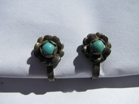 Sterling silver / costume turquoise flowers, screw-back clip earrings, vintage jewelry